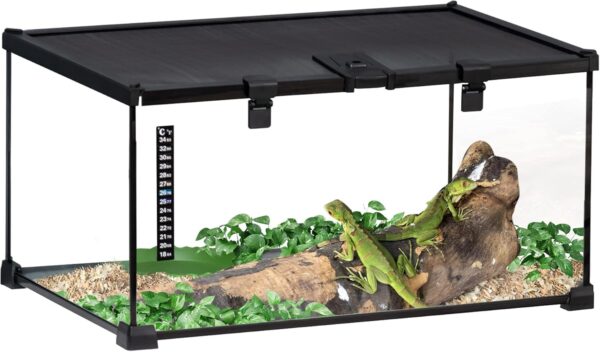 PawHut Glass Reptile Terrarium Insect Breeding Tank Vivarium Habitats with Thermometer for Lizards, Horned Frogs, Snakes, Spiders - Medium 50 x 30 x 25cm