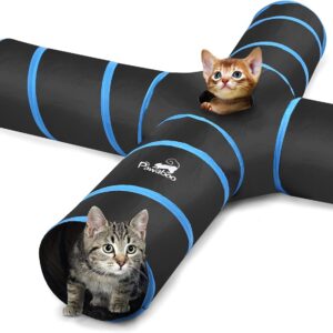 Pawaboo Cat Toys, Cat Tunnel Tube 4 Way Tunnels 25x53cm Extensible Collapsible Cat Play Tent Interactive Toy Maze Cat House with Balls and Bells for Cat Kitten Kitty Rabbit Small Animal, Blue