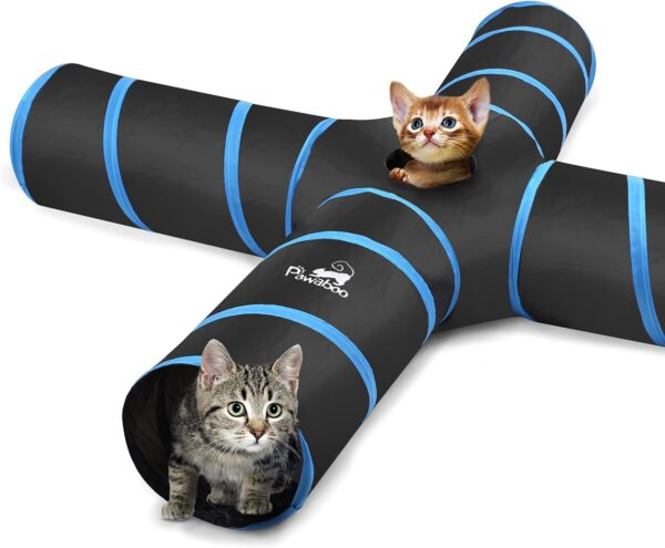 Pawaboo Cat Toys, Cat Tunnel Tube 4 Way Tunnels 25x53cm Extensible Collapsible Cat Play Tent Interactive Toy Maze Cat House with Balls and Bells for Cat Kitten Kitty Rabbit Small Animal, Blue