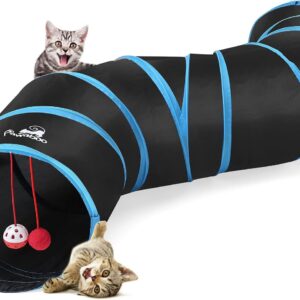 Pawaboo Cat Toys, Cat Tunnel Tube S-Shaped Tunnels 25x97cm Extensible Collapsible Cat Play Tent Interactive Toy Maze Cat House with Balls and Bells for Cat Kitten Kitty Rabbit Small Animal, Blue