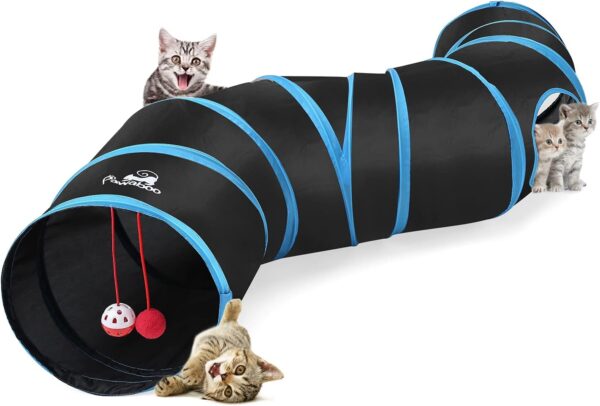 Pawaboo Cat Toys, Cat Tunnel Tube S-Shaped Tunnels 25x97cm Extensible Collapsible Cat Play Tent Interactive Toy Maze Cat House with Balls and Bells for Cat Kitten Kitty Rabbit Small Animal, Blue