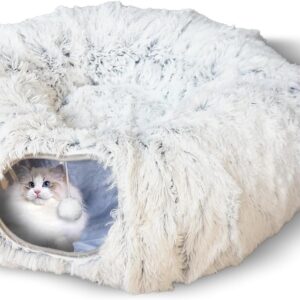 Plush Cat Tunnels Beds for Indoor Cats, 2-in-1 Cat Tunnel Haven for Endless Fun and Comfort Easy to Store, Removable and Washable 80 * 25cm (Gray)