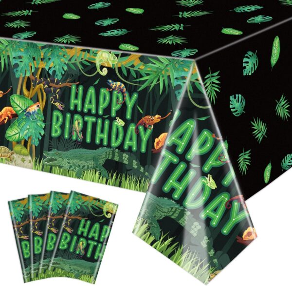 QUERICKY 4 Pack Reptile Birthday Tablecloths, 130x220cm Reptiles Snake Lizard Alligator Turtle Table Cover, Jungle Swamp Wilderness Decorations for Kids Boys Birthday Party Decor Supplies