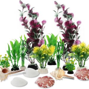 QUOZUO 16pcs Aquarium Decorations Colorful Plants with Natural Shells, Fish Tank Accessories, Fish Tank Plants Plastic Decoration for Aquariums