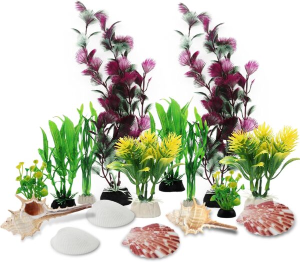 QUOZUO 16pcs Aquarium Decorations Colorful Plants with Natural Shells, Fish Tank Accessories, Fish Tank Plants Plastic Decoration for Aquariums
