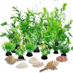 QUOZUO Aquarium Decorations Plants, 25pcs Aquarium Decor Green Plants with Natural Shells, Fish Tank Accessories for Aquariums