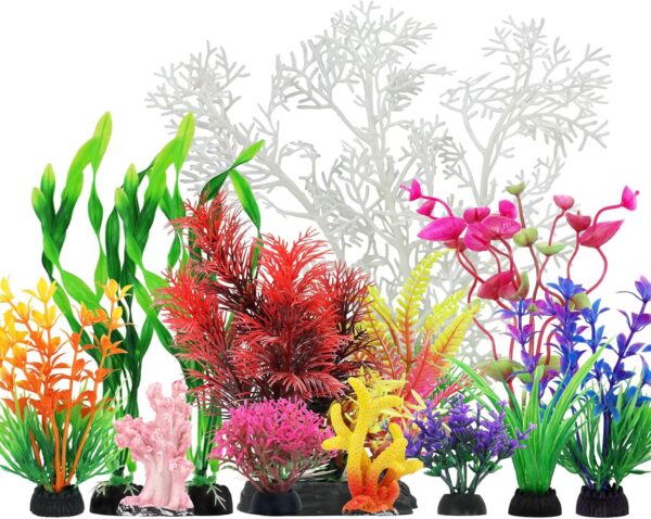 QUOZUO Aquarium Decorations Plants with Resin Coral, 12 pcs Fish Tank Accessories, Fish Tank Decorations Small Plants Plastic, Aquarium Decor Artificial Plant