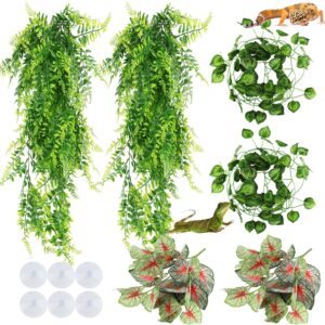 QUOZUO Reptile Hanging Plants, Terrarium Reptile Hanging Plants Vines Artificial Leaves Reptile Hide with Suction Cup, Leopard Gecko Tank Accessories for Bearded Dragon Lizard Snake