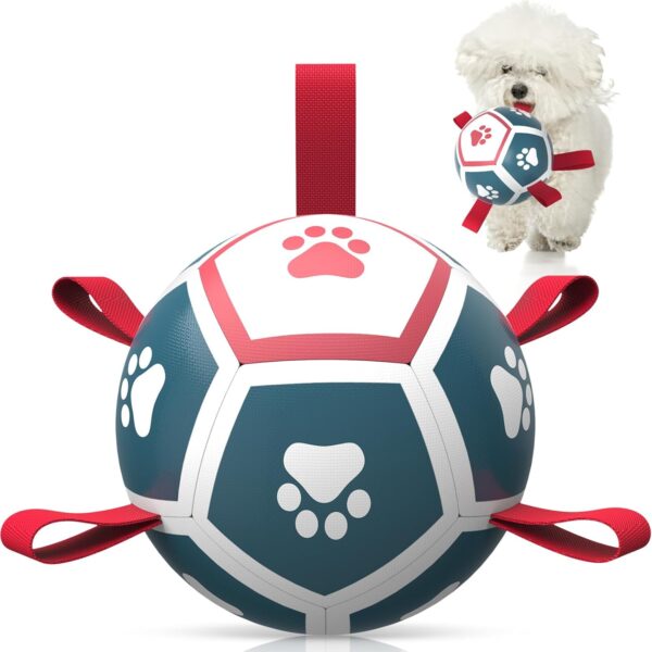 RUCACIO Dog Balls Toys, Dog Football Soccer Ball for Small Dogs, Durable Dog Balls with Straps for Tug of War, Puppy Birthday Gifts, Dog Tug Toy, Dog Water Toy（5 Inch）