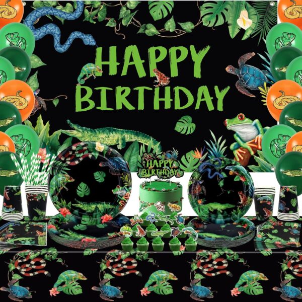 Reptile Birthday Party Supplies, Including Happy Birthday Backdrop, Plate, Napkins, Balloons, Cups ,Cake Topper, Tablecloth, for Baby Shower Decorations Kids Boys Girls (Backdrop)