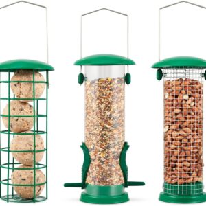 SA Products 3-Pack Metal Bird Feeder - Squirrel-Proof Hanging Bird Feeder Station for Garden, Backyard, Lawn - Set of Tube, Dense Mesh, Coarse Mesh Wild Bird Feeders for Nuts, Seeds, Fat Balls - Green