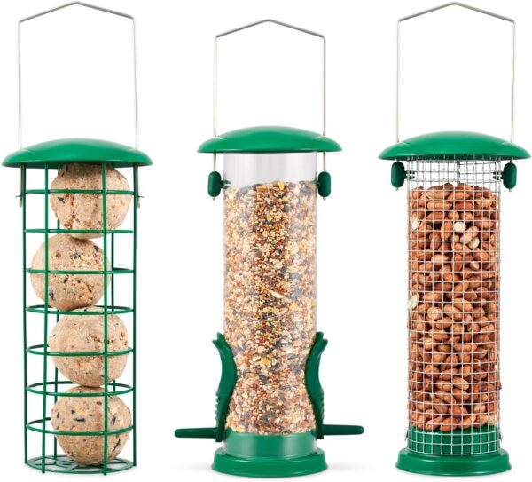 SA Products 3-Pack Metal Bird Feeder - Squirrel-Proof Hanging Bird Feeder Station for Garden, Backyard, Lawn - Set of Tube, Dense Mesh, Coarse Mesh Wild Bird Feeders for Nuts, Seeds, Fat Balls - Green