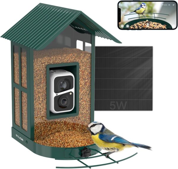 SOLIOM® BF08- Smart Bird Feeder Camera with AI Identify Bird Species, Wild Bird Watching Cam, Live View, Instant Notifications, 5W Solar Panel -Metal Case