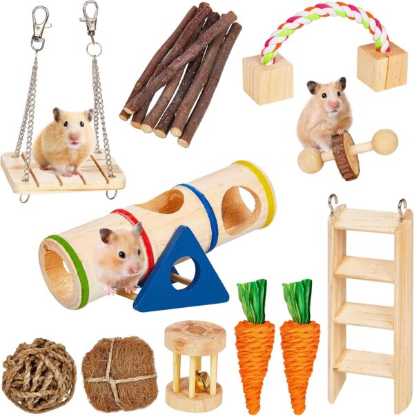 SONNIG 11 PCS Hamster Toys, Natural Wooden Chew Toys for Small Animals Teeth Care and Exercise, Guinea Pig Toys Gerbil Toys Rat Toys Boredom Breakers and Accessories for Cage