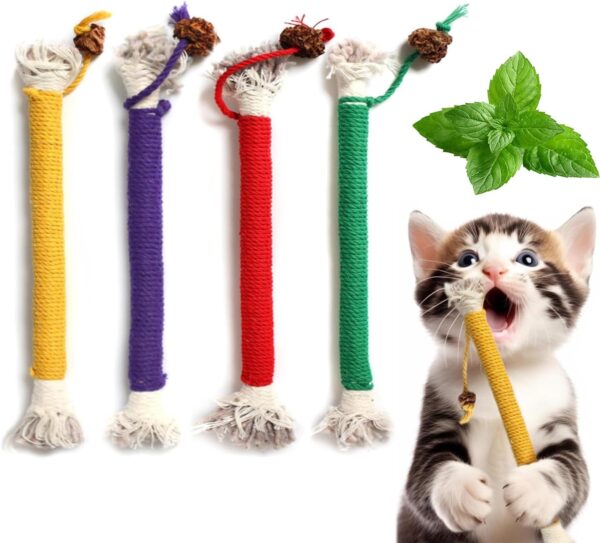 SUOXU Catnip Toy Bite Rope, Interactive Cat Toy for Indoor Cats, Cat Teeth Cleaning Kitten Teething cat nip Chewing Toy Rope, Filled Natural Catnip Stress Release Cotton Rope Toy, 4 Pcs