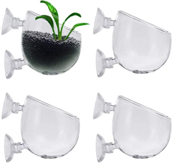 Smavles Aquatic Plant Crystal Clear Glass Cup 4 Pcs Aquatic Plant Cup Holder Plant Glass Pot Aquarium with Suction Cups for Aquatic Holder Fish Tank Accessory Aquarium Decoration