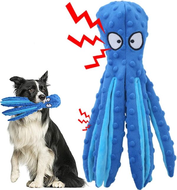 Squeaky Dog Soft Toy, No Stuffed Octopus Dog Chew Toy with Crinkle Paper Plush Dog Teeth Cleaning Toy for Medium Large Dog (Blue)