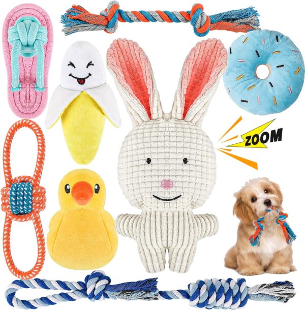 Squeaky Plush Dog Rope Toys Set, 8 Pack Puppy Chew Toys for Teething Training, Cute Interactive Tug Rope Toys for Boredom, Xmas Gift for Small and Medium Dogs, Washable, Natural Cotton & Non Toxic