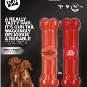 TastyBone Twin Pack Nylon Dog Chew Toys for Small Dogs (BBQ Prawn & T-Bone Steak) - Indestructible for Aggressive Chewers, Everlasting Flavour, Strong Healthy Teeth, Made in the UK