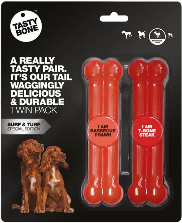 TastyBone Twin Pack Nylon Dog Chew Toys for Small Dogs (BBQ Prawn & T-Bone Steak) - Indestructible for Aggressive Chewers, Everlasting Flavour, Strong Healthy Teeth, Made in the UK