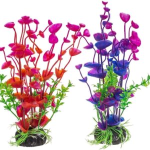 Tigerlily Enterprises Fish Tank Decorations, 2 Piece 19cm Artificial Plants Aquarium Ornaments (Red & Purple)