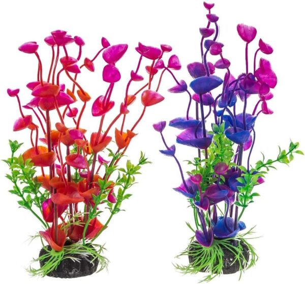 Tigerlily Enterprises Fish Tank Decorations, 2 Piece 19cm Artificial Plants Aquarium Ornaments (Red & Purple)