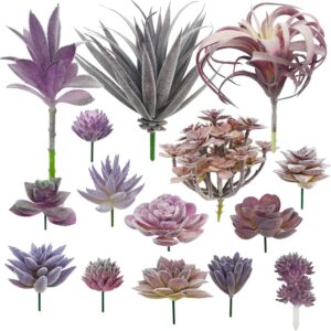 Woohome 15 PCS Artificial Succulent Plants, Purple Fake Succulent, Unpotted Faux Succulent Assortment in Flocked Blue in Different Type for Birthday Home Decor Indoor Wall Garden DIY