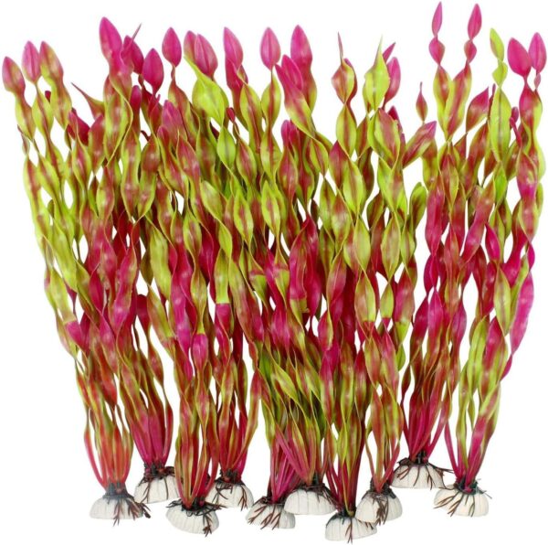 Yitaocity 10Pcs Large Artificial Fake Plastic Plants 12 Inch Tall Seaweed Water Plants for Fish Tank Aquarium Decorations (Wine Red)