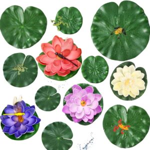 ZHIQIN 26 Pieces Floating Pond Plants Set Artificial Lotus Floating Water Lilies with Artificial dragonfly frog Lotus Leaves for Pond Fountain Garden Pool Fish Pond Aquarium Decoration