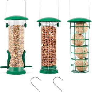 Zentea Bird Feeders - (3 pack) Metal Hanging Station for Small Birds - Crow, Pigeon, Squirrel proof Window, Garden, Backyard Hanging - Wild Bird Feeders for Nuts, Seeds, Fat Balls - Green