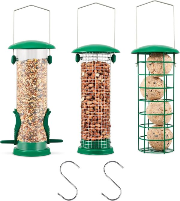 Zentea Bird Feeders - (3 pack) Metal Hanging Station for Small Birds - Crow, Pigeon, Squirrel proof Window, Garden, Backyard Hanging - Wild Bird Feeders for Nuts, Seeds, Fat Balls - Green