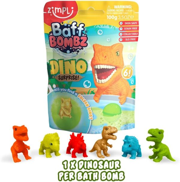 Zimpli Kids Large Dino Surprise Bath Bomb, 6 Surprise Dinosaur Toys to Collect in Total, One Per Bath Bomb, Children's Fizzing Toy, Birthday Gift for Boys & Girls, Stocking Filler Present