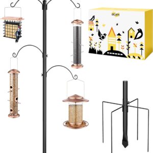 iBorn Bird Feeder Pole 1 Inch Thickness Pole Wild Bird Feeding Station Stand Shepard Hook for Bird Feeders, with 2Top Hooks& 2 Adjustable Hooks,5-Prong Pole Stabilizer(Bird Feeders NOT Included)