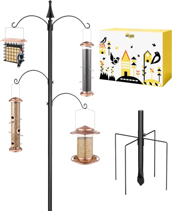 iBorn Bird Feeder Pole 1 Inch Thickness Pole Wild Bird Feeding Station Stand Shepard Hook for Bird Feeders, with 2Top Hooks& 2 Adjustable Hooks,5-Prong Pole Stabilizer(Bird Feeders NOT Included)