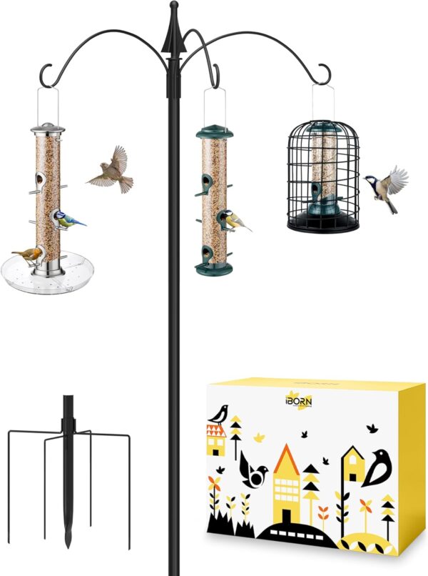 iBorn Bird Feeders Hanging Station 76Inch Wild Bird Feeding Station Pole Stand Outdoors Shepherds Hooks, 3 Hooks, (Bird Feeders NOT Included)