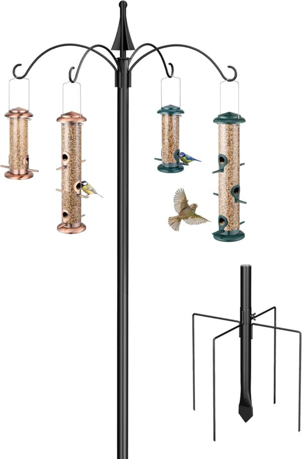 iBorn Bird Feeders Hanging Station 87Inch Wild Bird Feeding Station Stand Heavy Duty For Feeders Hanging, 1 Inch Thickness Pole With 4-Hooks,5-Prong Pole Stabilizer(Bird Feeders NOT Included)