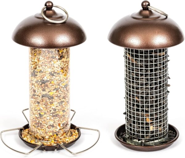 iBorn Metal Bird Feeders Hanging Peanut Mesh For Small Birds, Wild Birds Seed Feeder, Peanut Bird Feeder for Mix Seeds, Mini Seed Feed X1 & Nut Feeders X1, Copper Set of 2