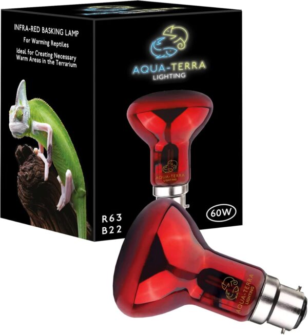 Aqua-Terra Lighting 60w Infrared Basking Heat Lamp for Reptiles, Amphibians and Invertebrates– R63 spotlight bulb with B22 standard Bayonet Base suitable for vivarium heating