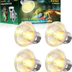 Bonlux E27 Reptile Heating Bulb Dimmable, 50W UVA+UVB Full Spectrum Sun Lamp Sunbathe Heat Lamp for Lizard Turtle Snakes Aquarium Aquatic Reptile and Amphibian (4-Pack)