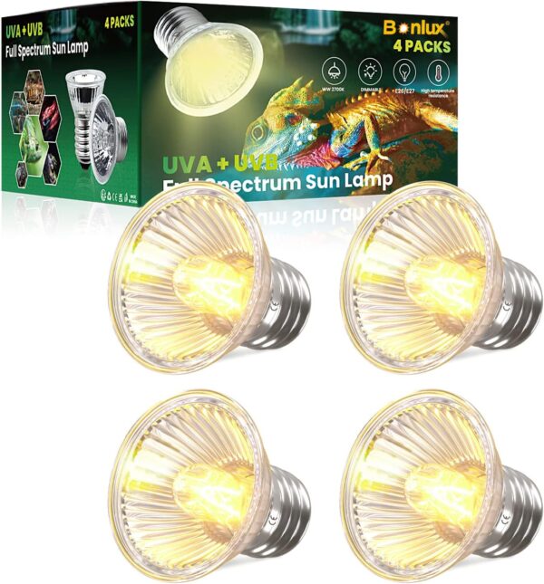 Bonlux E27 Reptile Heating Bulb Dimmable, 50W UVA+UVB Full Spectrum Sun Lamp Sunbathe Heat Lamp for Lizard Turtle Snakes Aquarium Aquatic Reptile and Amphibian (4-Pack)