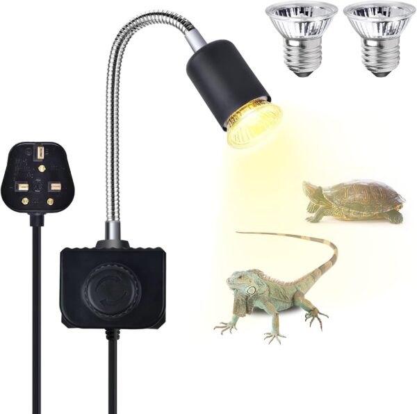 Bonlux Reptile Heat Lamp 25W E27 Basking Lamp for Tortoise Spot Holder Clamp UVA UVB Bulbs 360° Adjustable Metal Gooseneck Hose for Turtles, Snakes, Lizards with 2x25W Heat Spotlight Bulbs