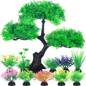 Borlech Aquarium Tree Plants Decorations, Fish Tank Plastic Plant Decor Set 10 Pieces (Green)