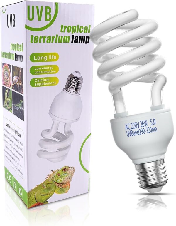 DoRight 5.0 UVB Bulb Reptile 26W, E27 UVA UVB Tortoise Fluorescent Light Bulb AC 220-240V UVB Tropical Terrarium Lamp for Rainforest Reptiles Chameleon Lizard Snake Pet Vivarium Turtle Tank (1-Pack)