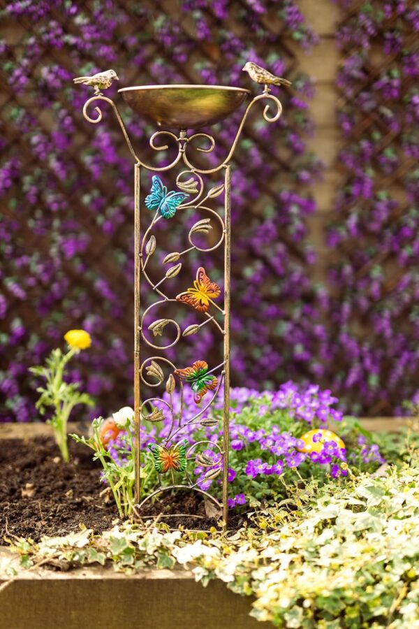 Garden Mile Deluxe Bird Bath or Bird Feeder with Garden Trellis for Climbing Plants Outdoor, with Decorative Butterflies Free Standing stake Detachable Bird Feeder Bowl for Garden Decoration