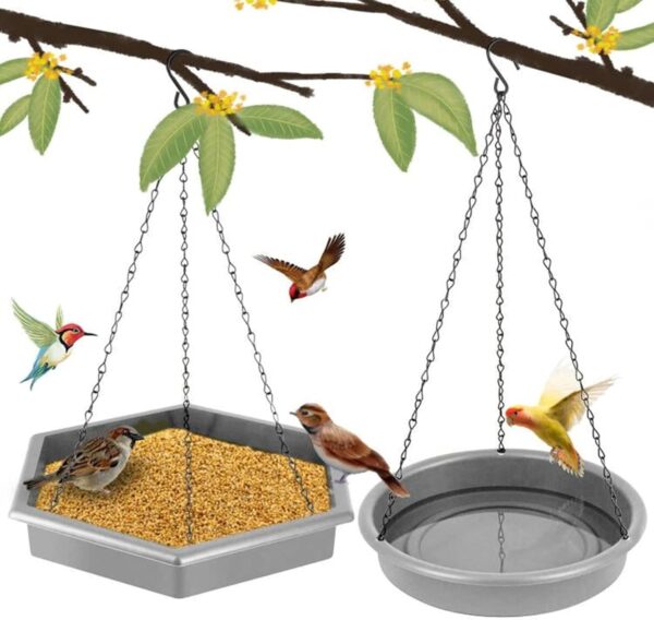 Hanging Bird Bath Bird Feeders, 2 in 1 XL Hanging Bird Feeder & Bird Baths for Outdoors, Wild Bird Feeders Hanging Bird Feeder Tray (Grey)