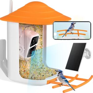 Kidken Bird Feeder Camera, Smart Bird Feeder Camera Wireless 1080P Auto Capture Record Videos & Instant App Notifications, 2.4G WiFi Bird Watching Camera Bird Box with Solar Panel, Orange