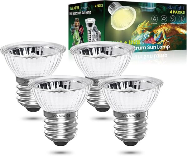 Klarlight 50W E27 Reptile Heating Bulb Dimmable, UVA UVB Light Bulb Full Spectrum Basking Bulb, Tortoise Heat Lamp for Lizard Spider Frog Snake Turtle Chameleon Aquarium Reptile and Amphibian (4-Pack)