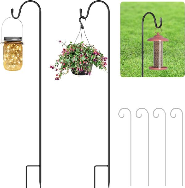 OFFCUP Shepherds Crook Hooks, 2pcs 75cm Bird Feeder Pole with Base, Adjustable Height Shepherds Hooks with 4pcs Place Card Holders, Bird Feeders Hanging Station for Garden Lights, Bird Feeder ect