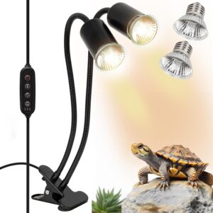 SIYOMG Reptile Heat Lamp, 2 Bulb Light(50W),360°Rotatable Dual Head UVA UVB Reptile Light with Cycle Timer Switch, Heating Lamp Basking Light for Aquarium Bearded Dragon Turtle Lizard Snake