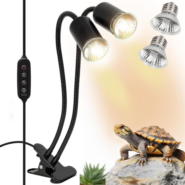 SIYOMG Reptile Heat Lamp, 2 Bulb Light(50W),360°Rotatable Dual Head UVA UVB Reptile Light with Cycle Timer Switch, Heating Lamp Basking Light for Aquarium Bearded Dragon Turtle Lizard Snake